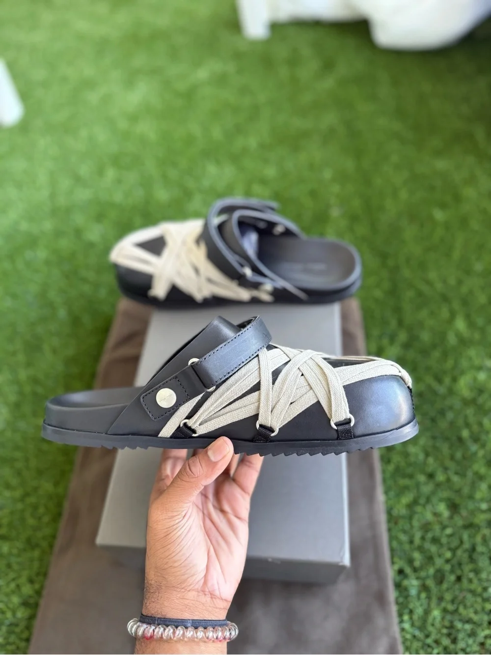 Rick Owens Mens Black Leather Slide Sandals with Cream Straps